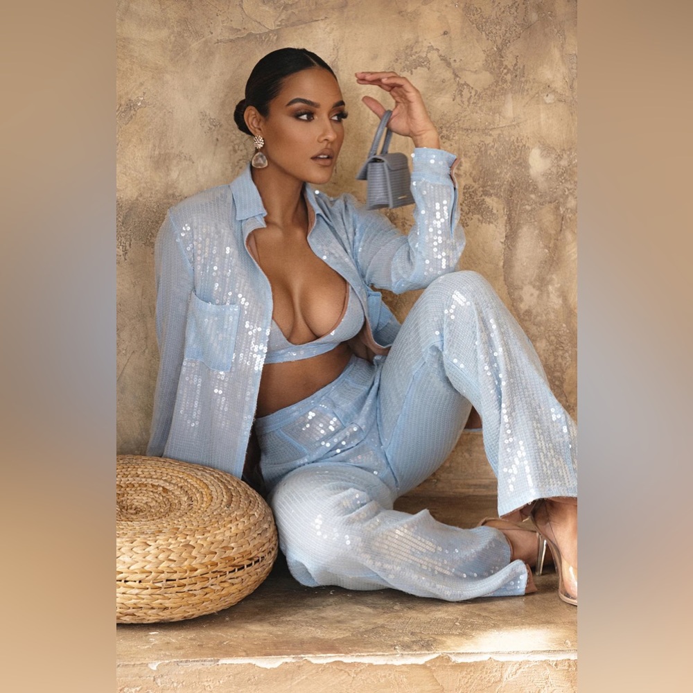 JLUXLABEL Sequin Pants, Blouse, & Bralette Set